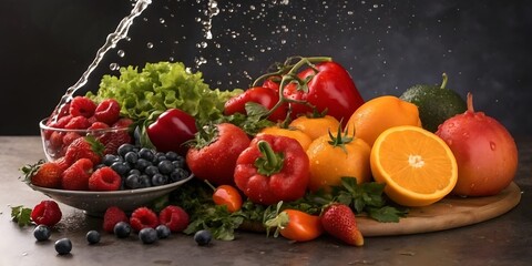 Colorful fresh fruits and vegetables in basket with water splash on dark background