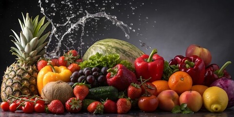 Colorful fresh fruits and vegetables in basket with water splash on dark background