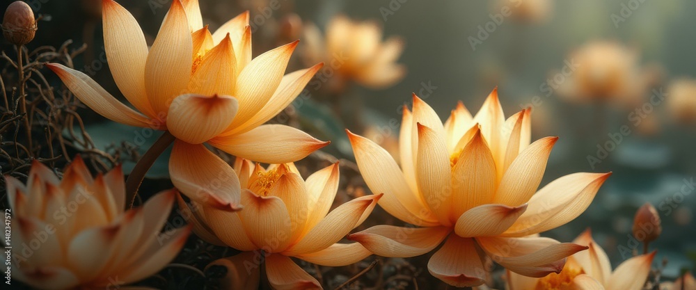 Poster serene lotus blooms with sunlight filtering through petals creating a tranquil and vibrant floral di