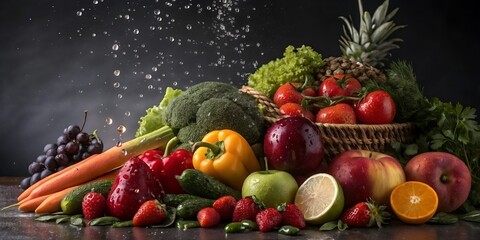 Colorful fresh fruits and vegetables in basket with water splash on dark background