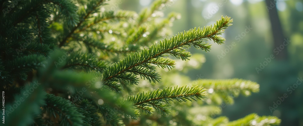 Poster close-up of a vibrant green spruce branch in a softly lit forest, showcasing fresh needles and a nat