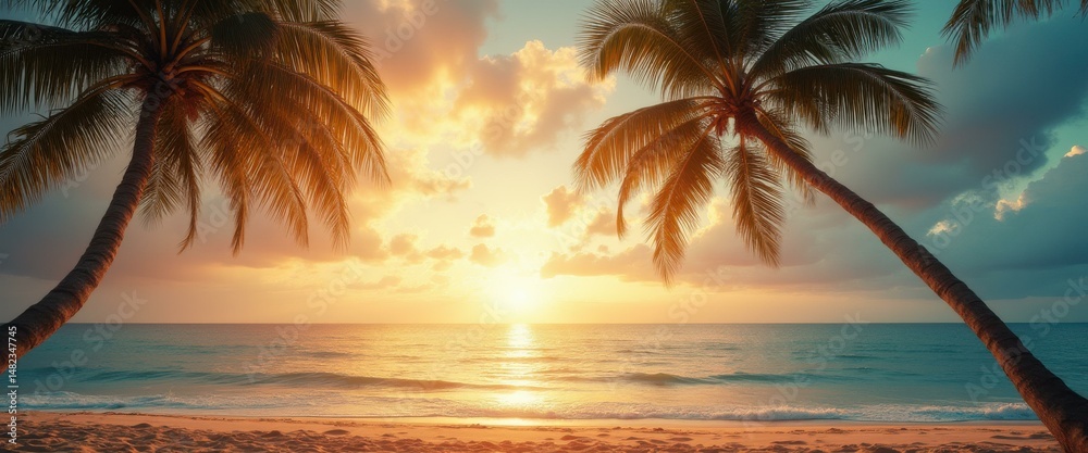 Poster serene ocean scene featuring palm trees silhouetted against a vibrant sunset sky, creating a tranqui