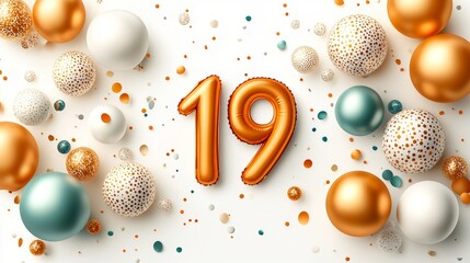 Golden Number 19 Balloons With Festive Birthday Balloons, Confetti On A White Background, Top View