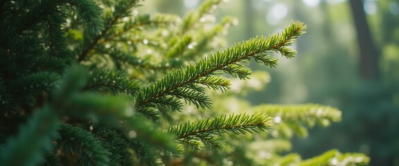 Obraz premium Close-up of a Vibrant Green Spruce Branch in a Softly Lit Forest, Showcasing Fresh Needles and a Natural, Serene Atmosphere.