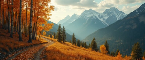 Scenic Mountain Valley Trail with Autumn Trees and Distant Snow-Capped Peaks, Offering Serenity and a Sense of Adventure