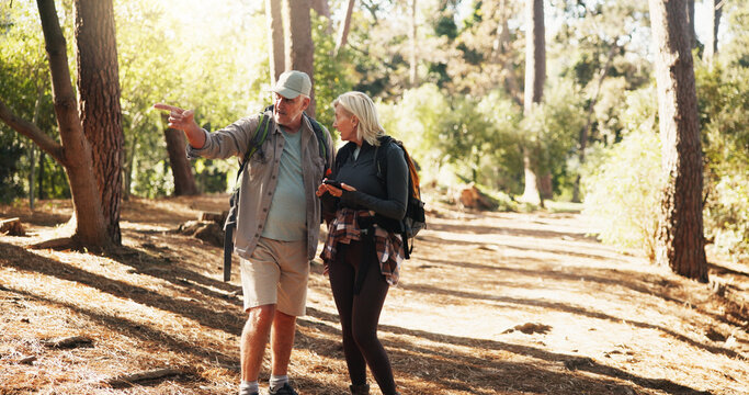 Destination, phone and pointing with old couple in forest together to search for directions. App, lost and map with senior people outdoor in nature or woods for exercise, fitness and navigation
