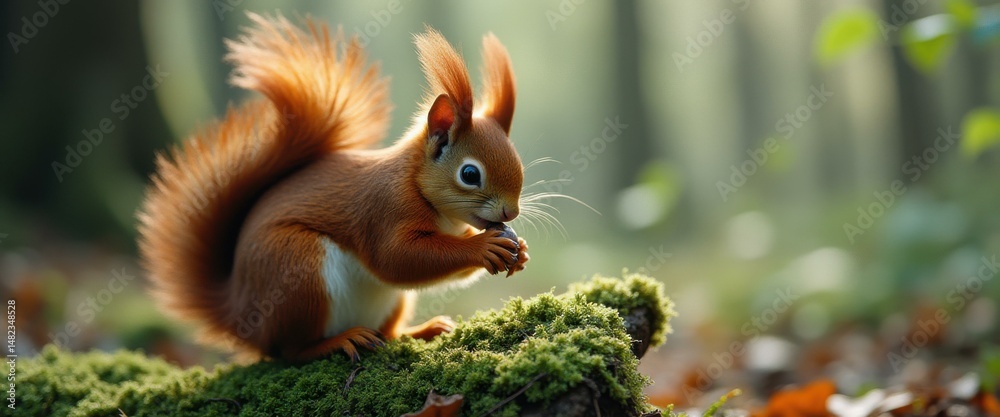 Poster red squirrel perched on mossy log eating a nut in a forest setting, showcasing its vibrant fur and a