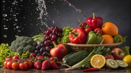 Colorful fresh fruits and vegetables in basket with water splash on dark background