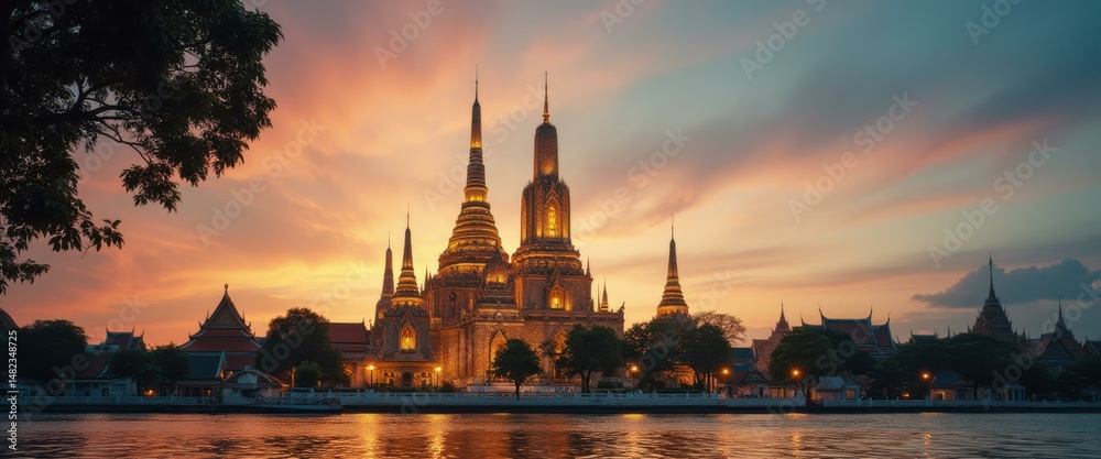 Aufkleber illuminated temple towers at dusk over calm water reflections - religious architecture and twilight 