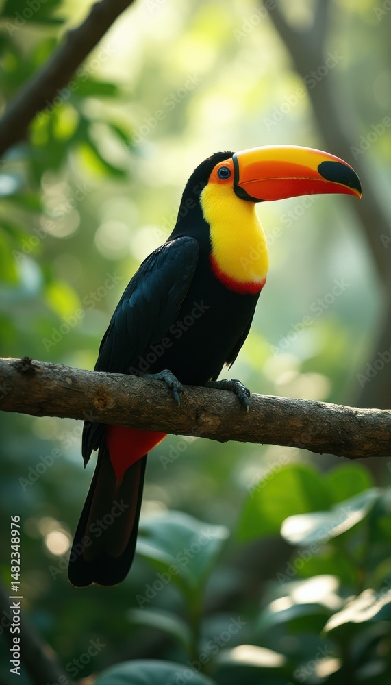 Poster majestic channel-billed toucan perched on branch, displaying vibrant plumage and distinctive bill in
