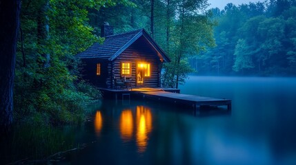 Obraz premium Tranquil lakeside cabin glows softly amidst the twilight forest ambiance