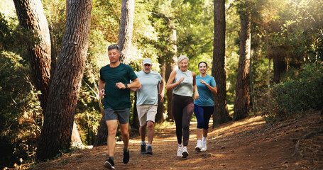 Running, group and people in woods, fitness and cardio with nature, workout and exercise. Health,...