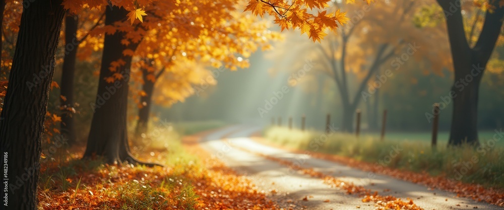 Poster autumn road lined with trees creating a tunnel of gold and orange leaves, morning light streaming th