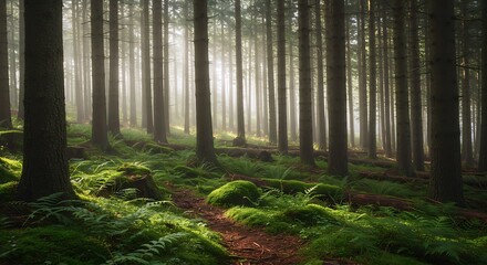 Obraz premium Golden Light Illuminating a Mossy Pine Forest