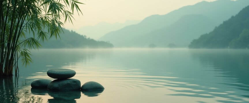 Serene Zen Landscape with Stacked Stones, Bamboo and Misty Mountains over Calm Lake for Meditation and Peaceful Scenery