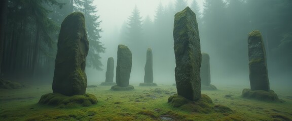 Ancient standing stones shrouded in mist stand in a clearing within a dense, evocative forest, their surfaces covered with moss.