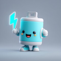 Fototapeta premium Cute 3D Battery Character Holding Glowing Lightning Bolt Sign in Cyan and Gray