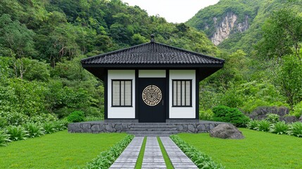 Serene Black and White Japanese House in Lush Green Mountain