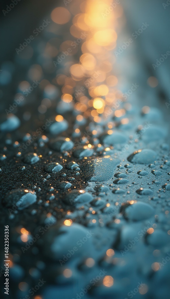Fototapete Abstract macro close up of water droplets on a textured surface with golden bokeh reflections