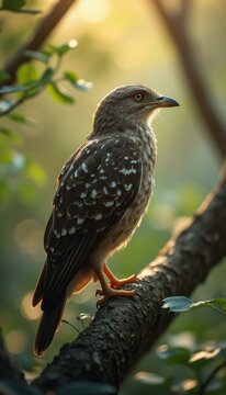 Elegant brown hawk-cuckoo bird with spotted plumage perched on a tree branch amidst warm, natural lighting
