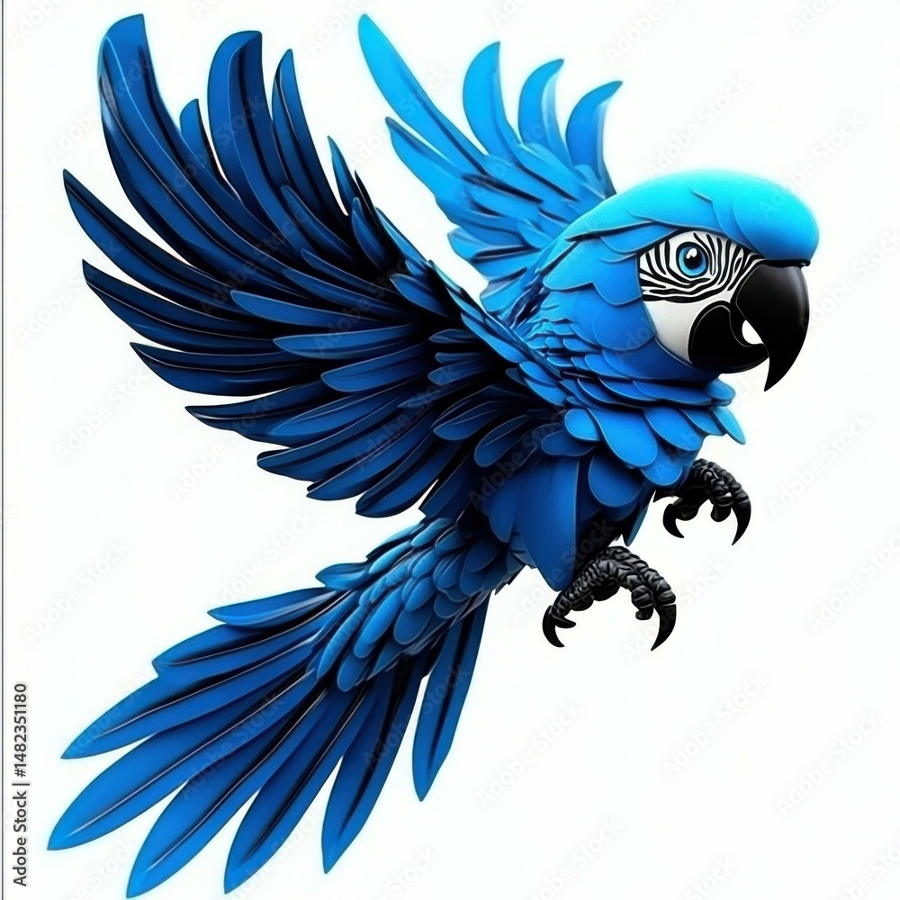 Poster vibrant blue parrot in mid-flight with detailed feather texture and sharp claws