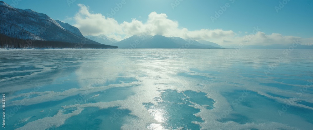 Poster frozen lake with snow patterns reflects winter sunlight with mountains and clouds in the background