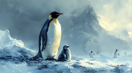 Fototapeta premium Majestic emperor penguin and chick on icy landscape