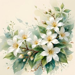 a serene watercolor of jasmine, in a flowing watercolor style, with creamy white and pale green tones