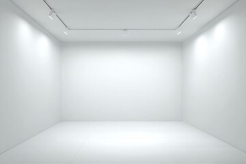 Obraz premium Minimalistic empty white room with bright ceiling lights and glossy tiled floor.