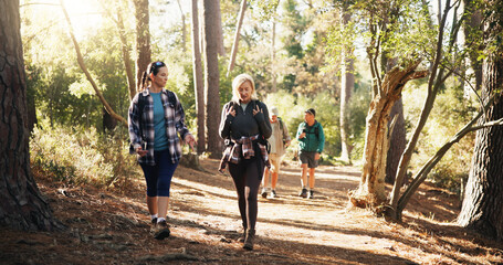 Mature, women or friends on trail for hiking, outdoor adventure or journey in nature together. Talking, exercise and people in woods for holiday retirement, walking or trekking to explore terrain