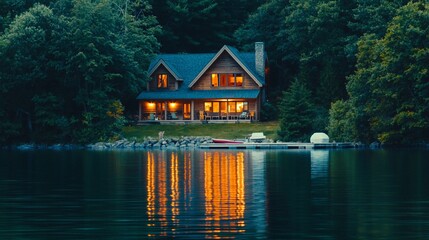 Obraz premium Picturesque lakeside cabin retreat reflecting warm light on tranquil waters