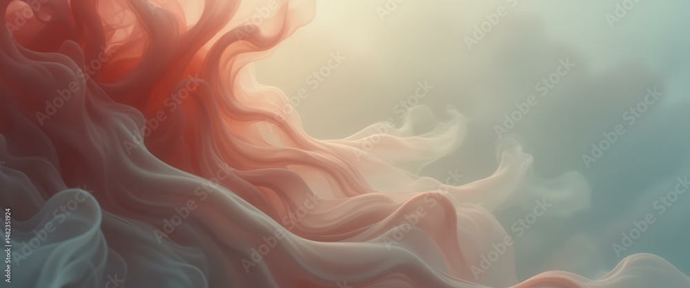 Poster abstract flowing fabric background with waves in orange and blue tones creating a dreamy, ethereal a