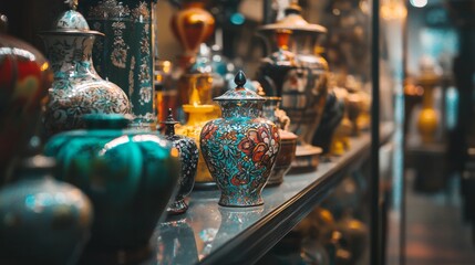 Artisan metallic teapots and dishes displayed under glass for cultural craftsmanship antique product photography concept photo
