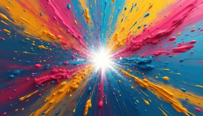 Fototapeta premium Vibrant burst of colorful paint exploding from a central point, creating a dynamic abstract design with texture and depth.