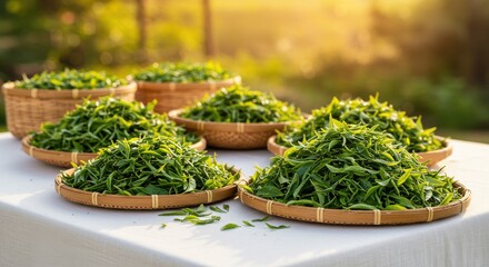 Freshly harvested green tea leaves displayed in woven baskets outdoors at sunset