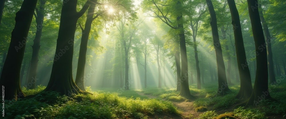 Aufkleber Enchanting Forest Path Bathed in Golden Sunlight with Lush Green Trees and Mist Creating a Mystical Atmosphere