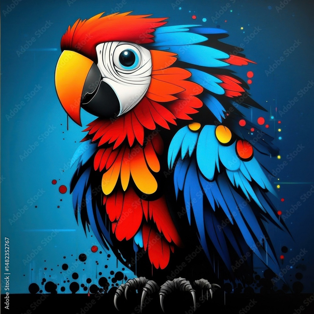 Poster Colorful Parrot Portrait with Abstract Feather Design and Vibrant Color Splatters on a Textured Background
