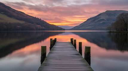 Tranquil sunrise over a calm lake, evoking peace and serenity.