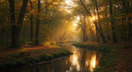 Fototapeta premium Serene Autumn Forest with Golden Light Reflecting on Calm River