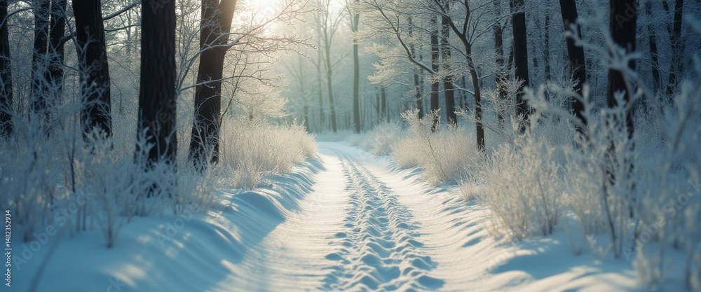 Poster winter forest road with snow covered trees and tire tracks on snowy path