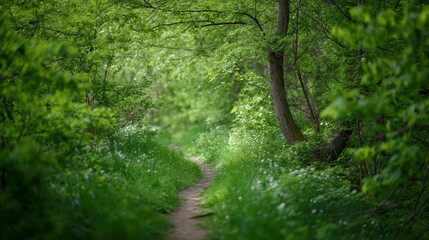 Path leading through lush green forest in springtime
