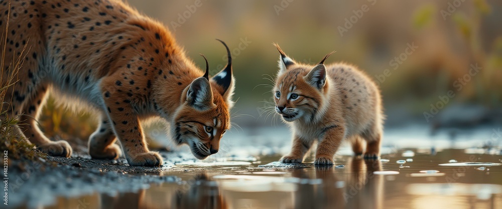 Poster lynx family: mother and cub drinking from a reflective stream in a natural setting