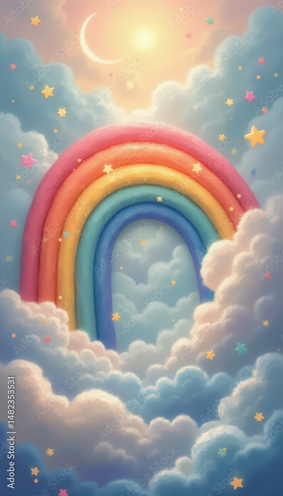 Poster Pastel Rainbow Bridge Connecting Dreams in a Whimsical Celestial Sky with Soft Clouds and Sparkling Stars