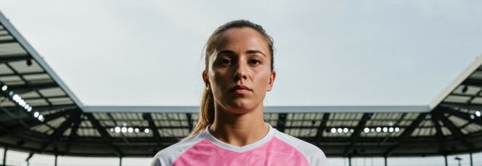 Female soccer player standing on a sports stadium field wearing a pink and white jersey looking at the camera.