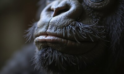 Sarcastic gorilla with a thick mustache in a jungle clearing