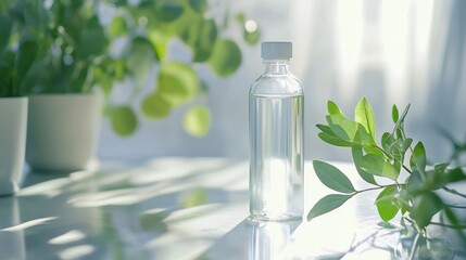 Glass bottle and green plants on window table for wellness natural beauty product photo concept image scene minimal
