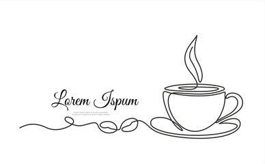 Single continuous line drawing of a cup of coffee drink with coffee beans on ceramic coaster and table. Coffee drink concept display for coffee shop. One line draw design illustration. Editable stroke