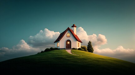 A cozy house with a red roof sits on a green hill surrounded by clouds and evening light.