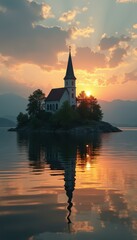 Obraz premium Serene Island Church at Sunset: Calm Waters Reflect Spiritual Sanctuary