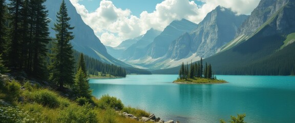 Naklejka premium Serene turquoise glacial lake nestled among towering mountain peaks with lush forests, showcasing pristine natural beauty and idyl
